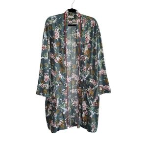 Faveur Green Floral Open Lightweight Kimono Robe Cover-Up Women's Size L